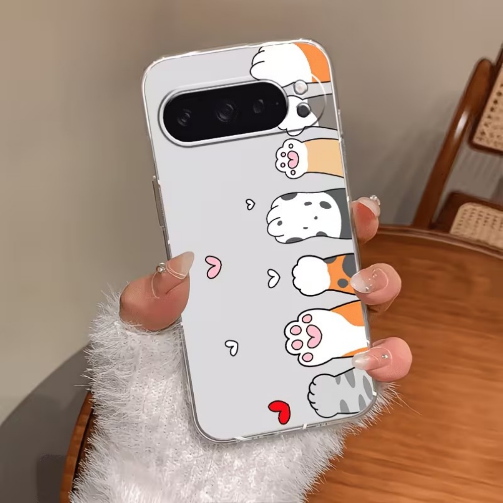 Phone Cases Google Pixel 9A - 漫画猫の足跡クリスタルクリアシリコン製スマホケース Google Pixel 10 9 8
