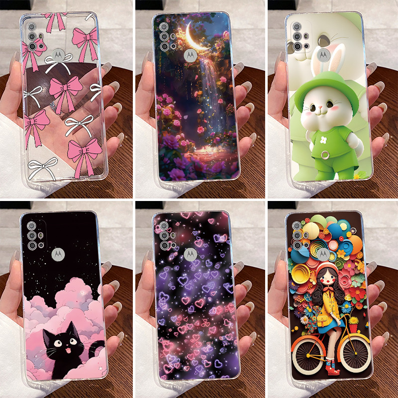 Phone Cases Moto G - モトローラ Moto G10 G20 G30用スマホケース 可愛い漫画ウサギとハート柄のクリアソフトシリコンカバー