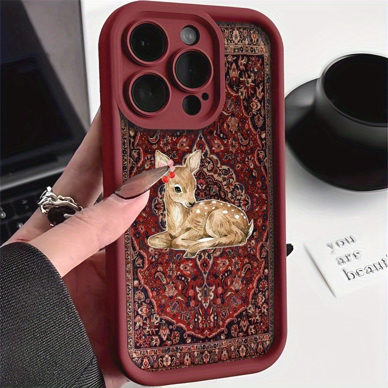 Phone Cases Red Deer - ヴィンテージレッドの花柄鹿柄ハイエッジTPU耐衝撃スマホケース、iPhone 17 Pro Max、iPhone 16、15、14、13、12、11 Pro